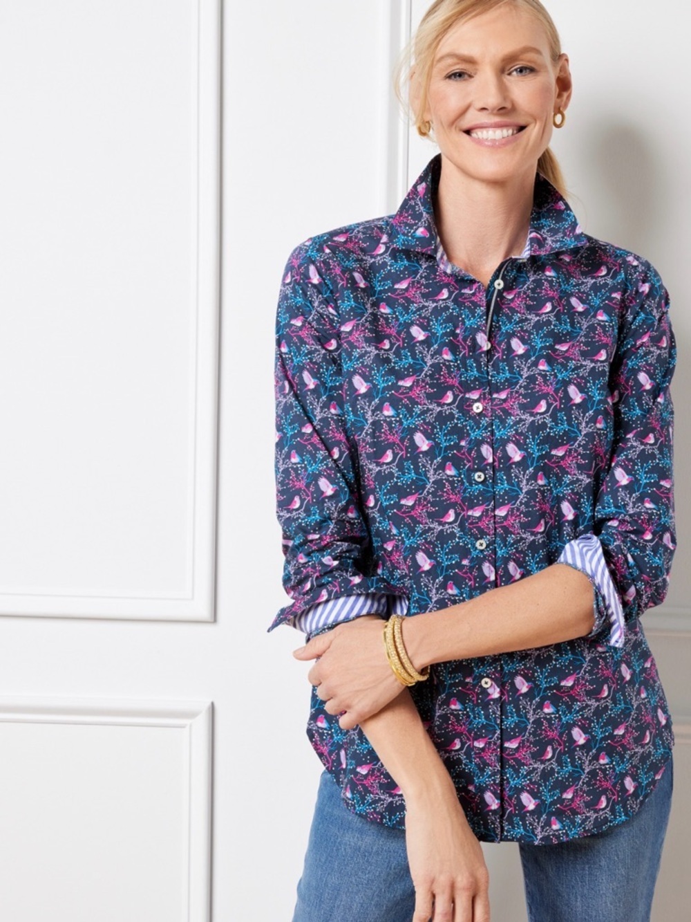 Talbots Petite LP Cardinal Bird Print Cotton Button Front Shirt Navy Pink Blue